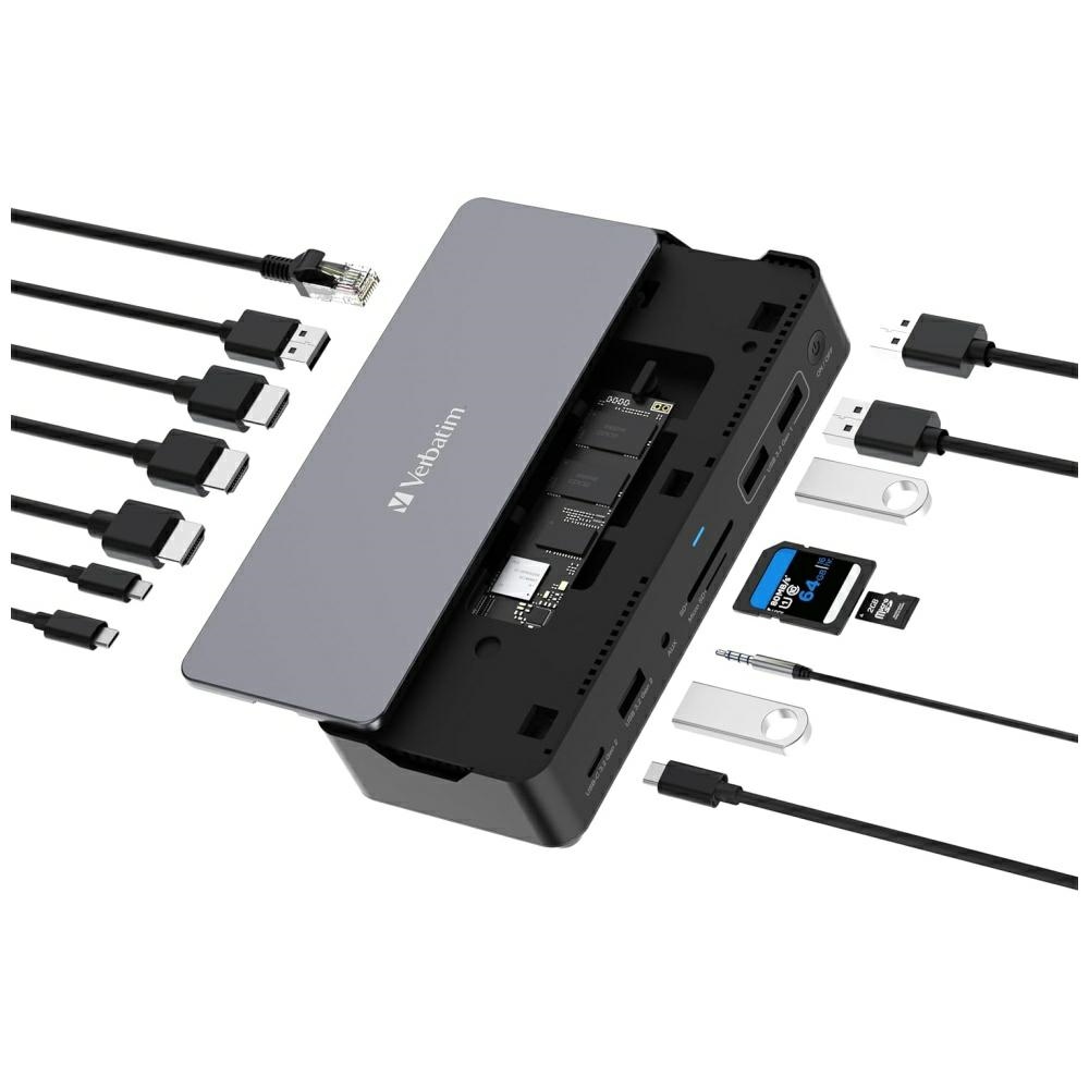 Verbatim 15 az 1-ben USB-C dokkolóállomás adapter - 2x HDMI, 1x RJ45, 3x USB-A, 3x USB-C, 1x SD, 1x microSD, 1x Audio, 1x DisplayPort, 1x SSD szürke 32173-0