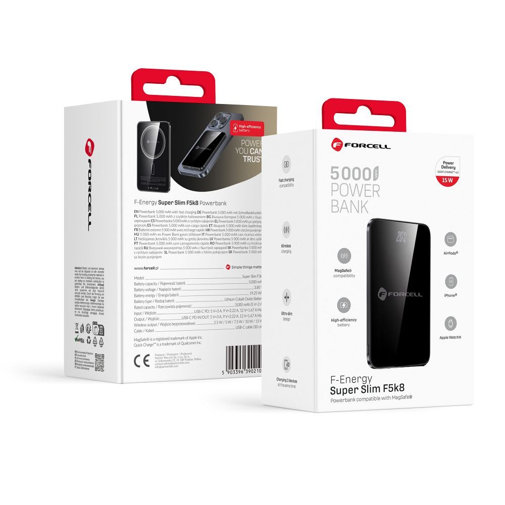 FORCELL F-ENERGY F5K8 Szuper Vékony powerbank MagSafe-kompatibilis PD3.0 QC4.0 15W 5000 mAh fekete-0