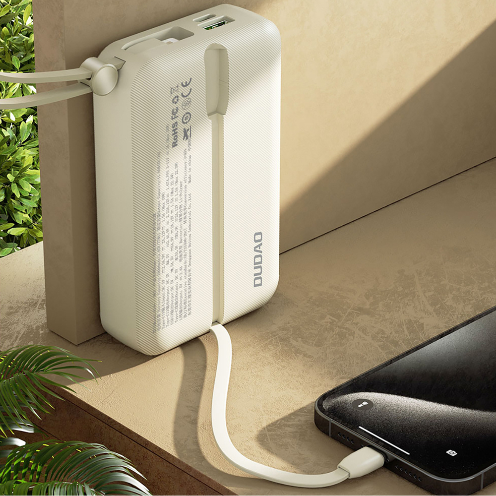 Dudao K14+ 22,5W 20000 mAh beépített type-C és lightning kábeles powerbank fehér-3