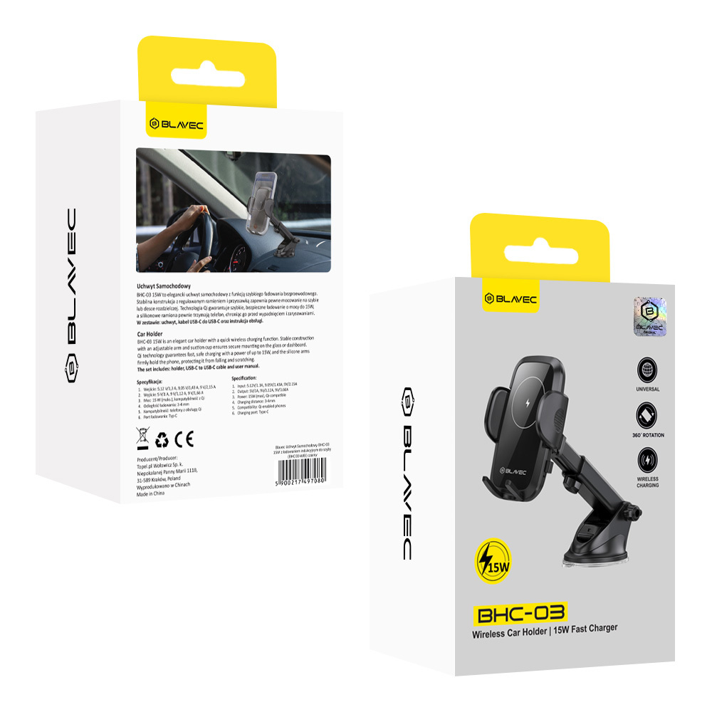 Blavec autós tartó BHC-03 15W-os indukciós töltéssel szélvédőre (BHC03-WIB) fekete-7