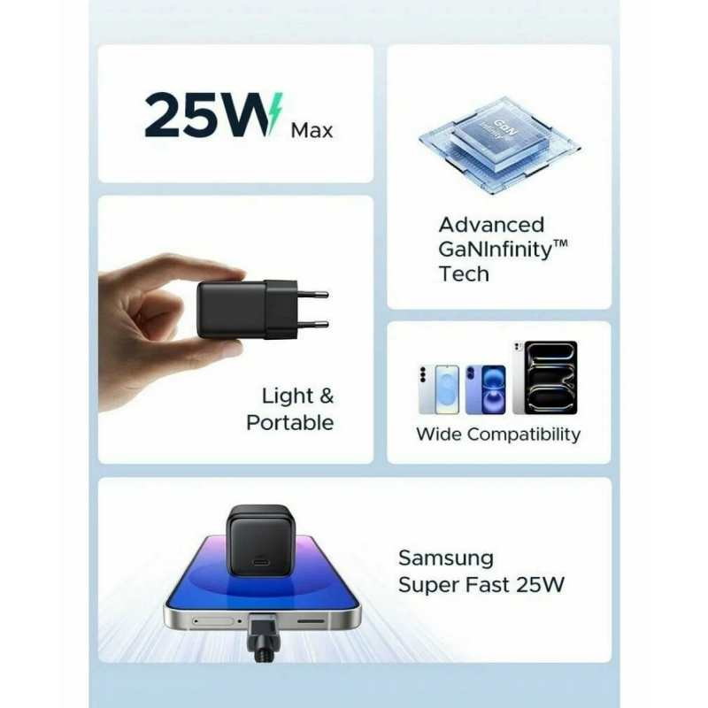 Hálózati töltő UGREEN X517, 25W, 3A, 1 x USB-C, Fekete-1