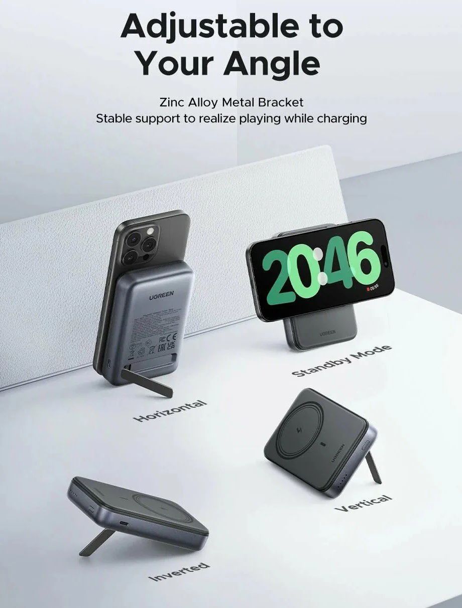 Ugreen - Power Bank PB562 (55140) - Vezeték nélküli mágneses töltés 7,5W, 10000mAh, PD20W, tartóval - Űrszürke-3