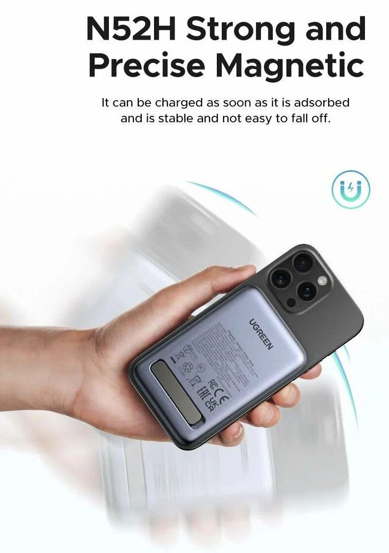 Ugreen - Power Bank PB562 (55140) - Vezeték nélküli mágneses töltés 7,5W, 10000mAh, PD20W, tartóval - Űrszürke-6