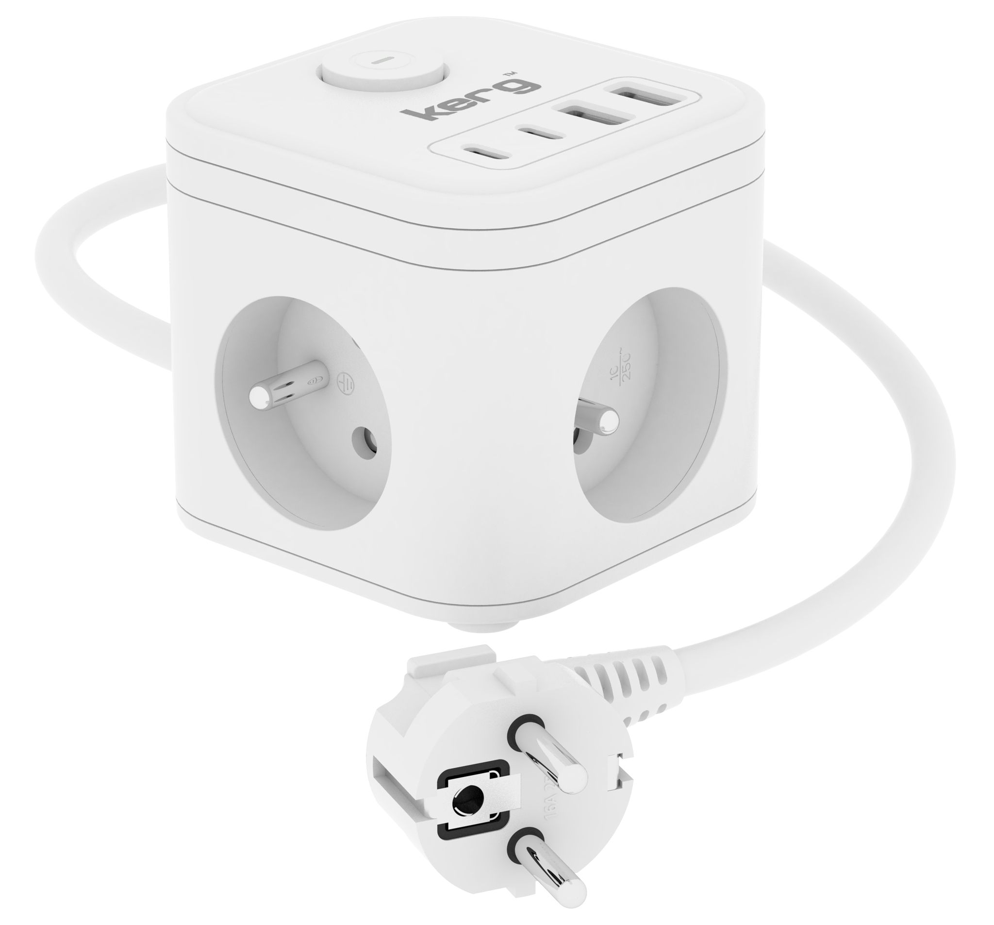 KERG 3-aljzatú elektromos kocka + USB-A+USB-C töltő 1,5m 3×1.5mm2 H05VV-F 16A/250V~ Okos fehér-0