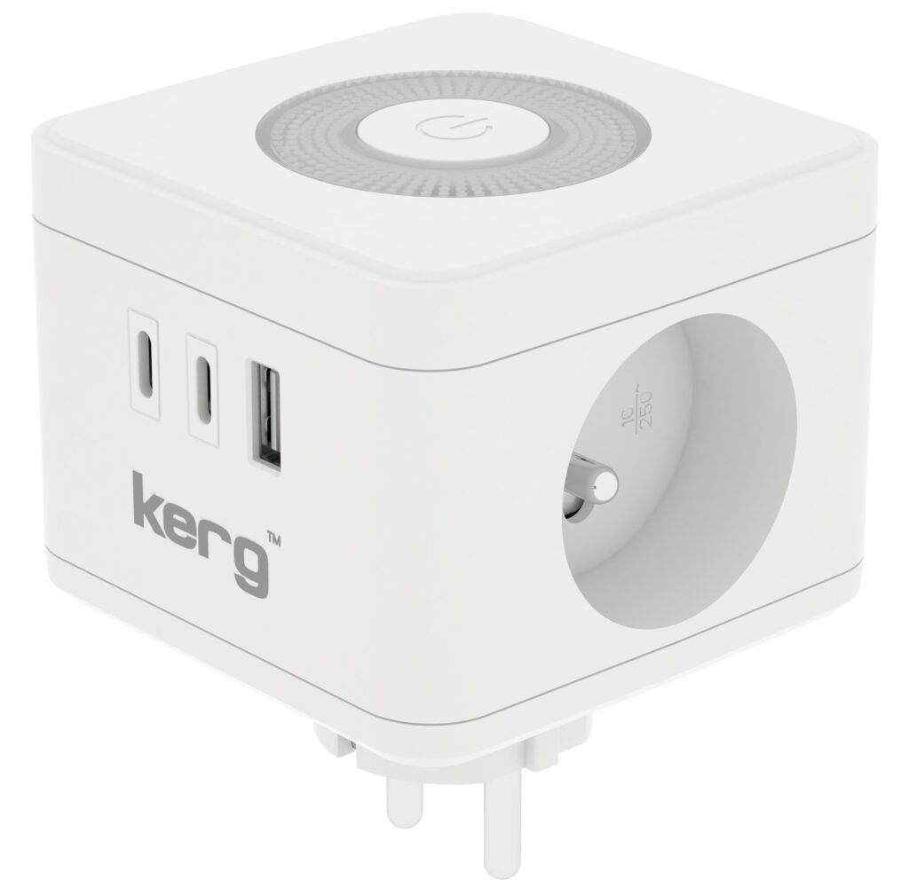 KERG Smart 2-csatlakozós elosztó kocka + USB-A + USB-C töltő + LED lámpa 16A/250V~ fehér-0