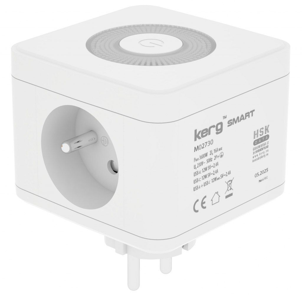 KERG Smart 2-csatlakozós elosztó kocka + USB-A + USB-C töltő + LED lámpa 16A/250V~ fehér-1