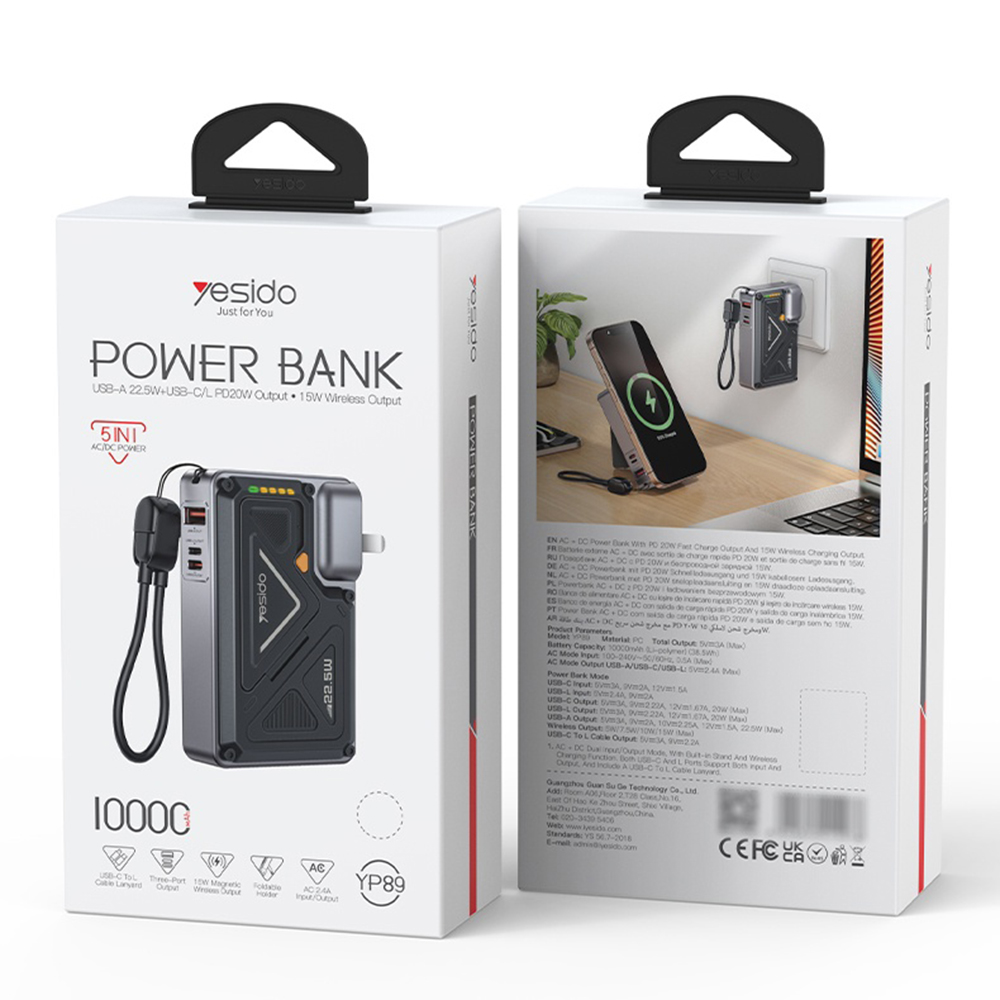 Yesido - Powerbank (YP89) - Mágneses, Gyors töltés, USB, Lightning, Type-C, Beépített állvány, LED fények, 10000mAh, 22.5W- Szürke-6