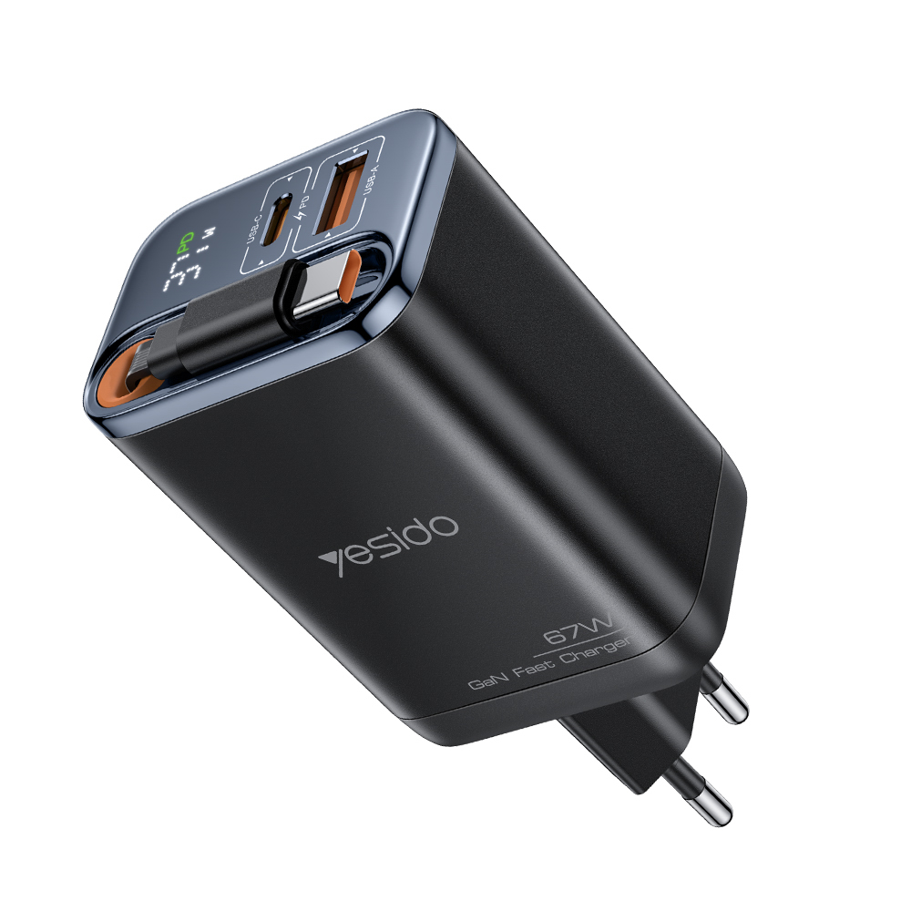 Yesido - Fali töltő (YC100) - USB, Type-C, GaN, Gyors töltés, Digitális kijelző, 67W, Visszahúzható Type-C kábel, 65cm - Fekete-1