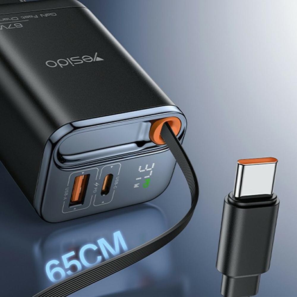 Yesido - Fali töltő (YC100) - USB, Type-C, GaN, Gyors töltés, Digitális kijelző, 67W, Visszahúzható Type-C kábel, 65cm - Fekete-2