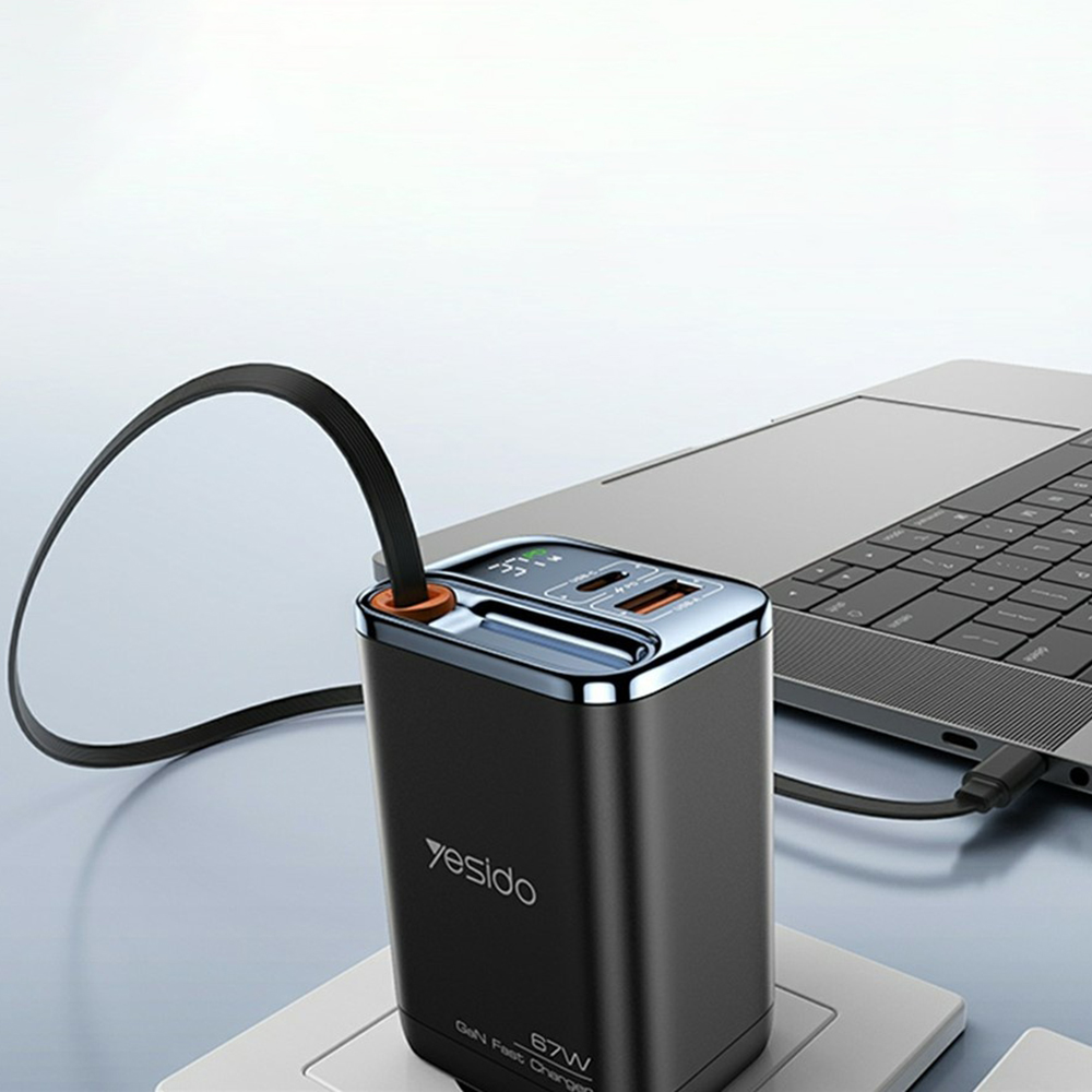 Yesido - Fali töltő (YC100) - USB, Type-C, GaN, Gyors töltés, Digitális kijelző, 67W, Visszahúzható Type-C kábel, 65cm - Fekete-5