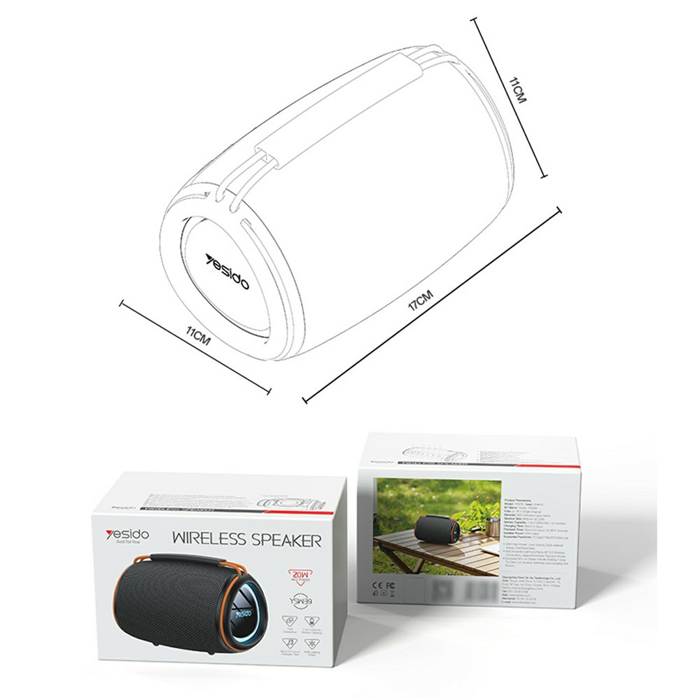 Yesido - Vezeték nélküli hangszóró (YSW39) - Bluetooth 5.3, RGB világítás, TWS, TF Kártya, USB, AUX, 1200mAh, 20W - Fekete-6