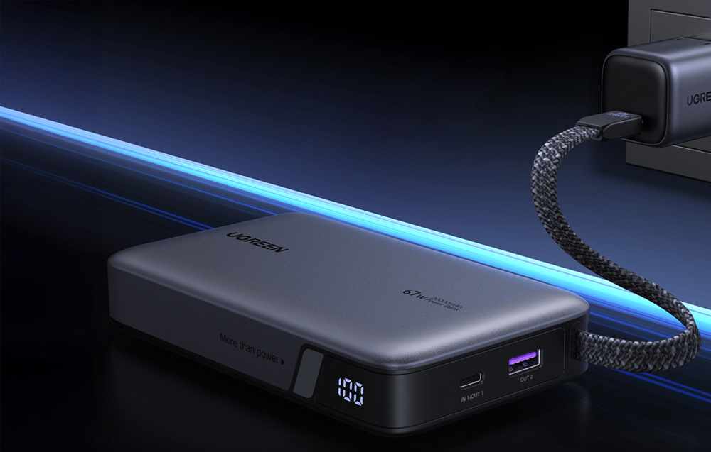 Ugreen PB550 Powerbank 20000mAh USB + USB-C, 67W, beépített kábel (szürke)-6