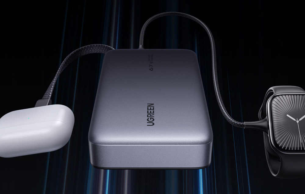Ugreen PB550 Powerbank 20000mAh USB + USB-C, 67W, beépített kábel (szürke)-5