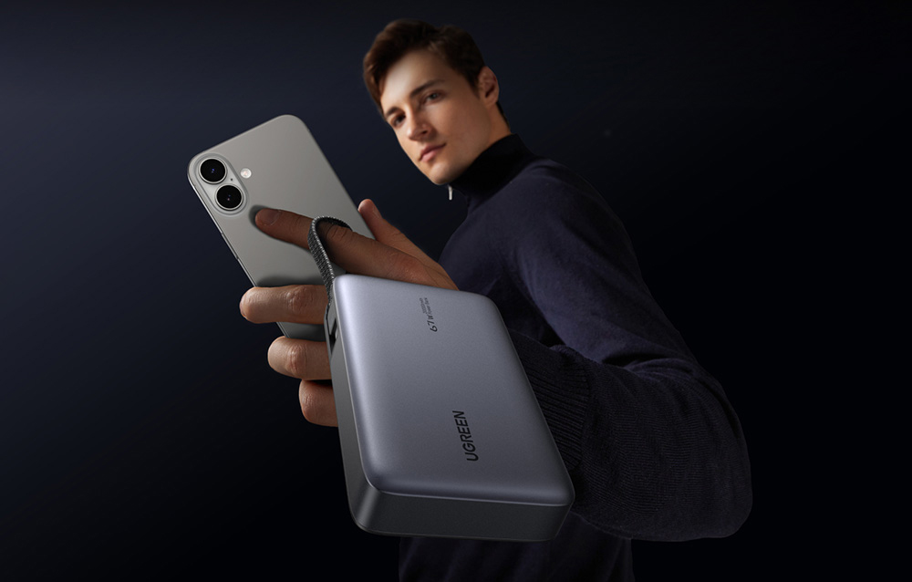 Ugreen PB550 Powerbank 20000mAh USB + USB-C, 67W, beépített kábel (szürke)-1