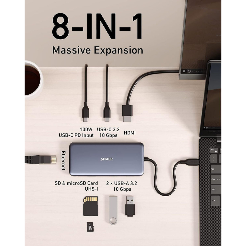 USB-C Hub Anker 555, 2 x USB-A 3.2 - 2 x USB-C - 1 x HDMI - 1 x RJ45 - 1 x SD - 1 x microSD, Szürke-1