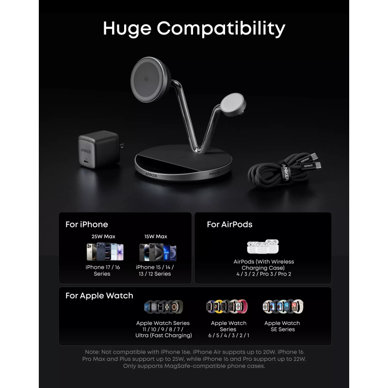 Anker Prime MagGo AirCool 3in1 vezeték nélküli töltő, 25W, fekete B25X7G11-7