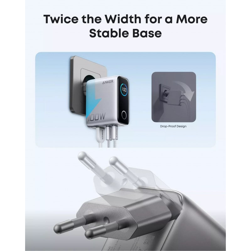 Anker Smart Display Hálózati töltő, 100W, 5A, 1 x USB-A - 2 x USB-C, USB-C kábellel, Ezüst B121BG41-2