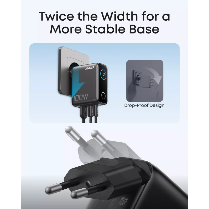 Anker Smart Display fali töltő, 100W, 5A, 1 x USB-A - 2 x USB-C, USB-C kábellel, Szürke B121BGZ1-2