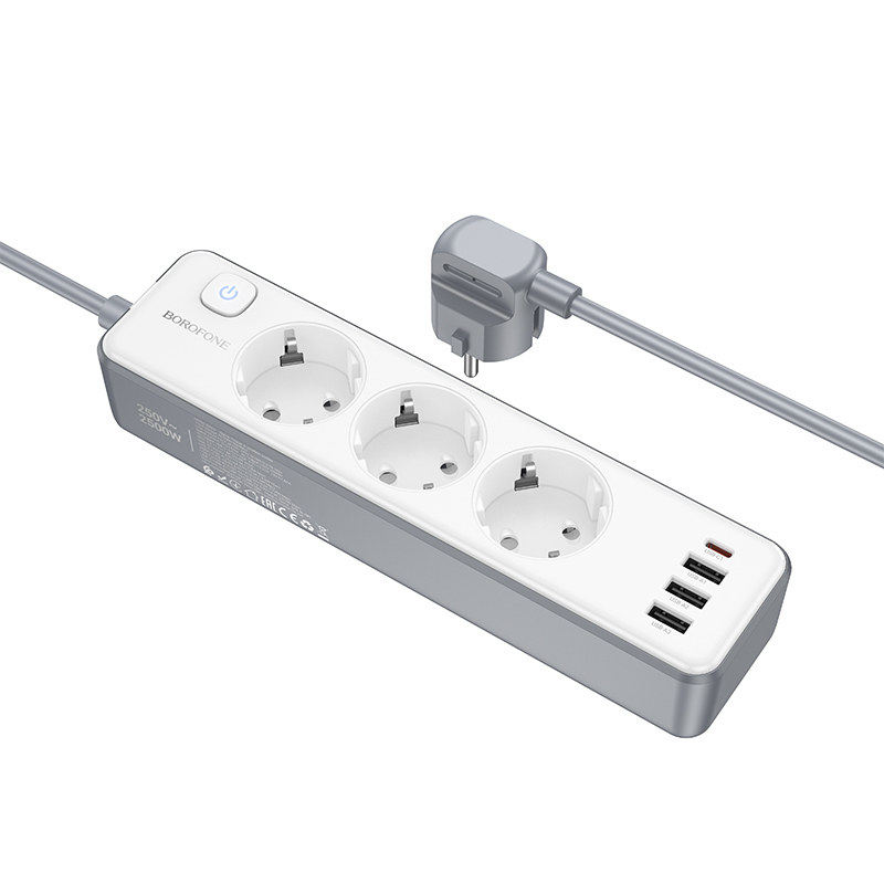 Borofone hálózati elosztó BAC9 - 3 aljzat 240V + 3xUSB + Type C - PD 20W 2 méter fekete-1