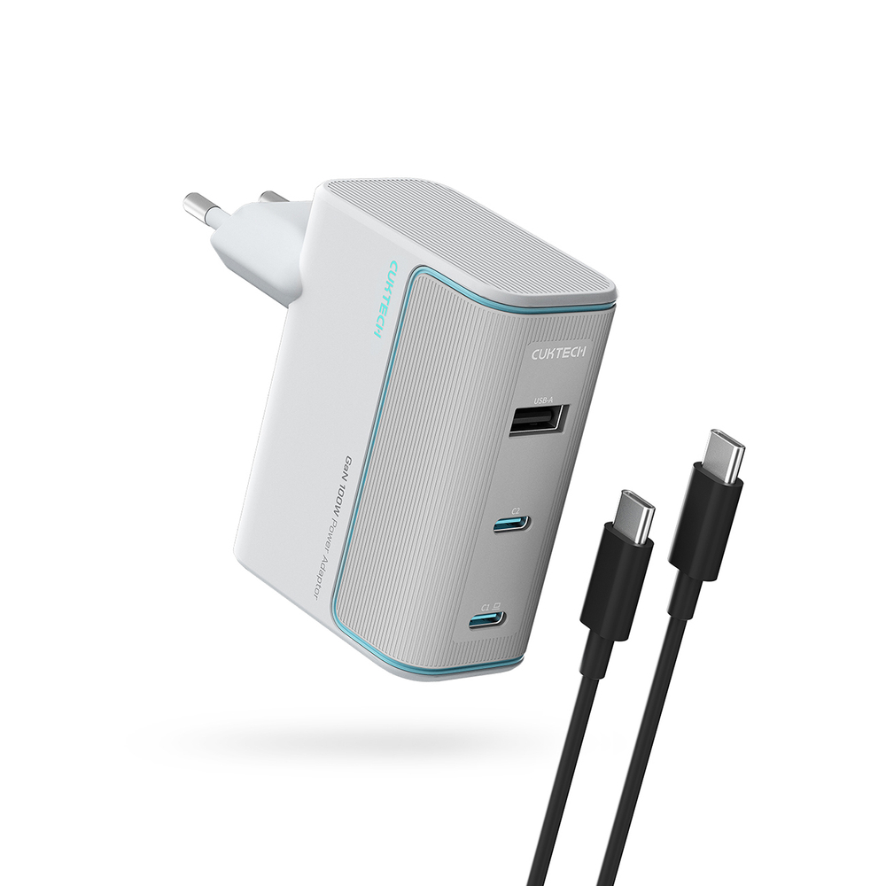 Cuktech AD1003EU 100W GaN 2x USB-C + USB-A fali töltő kábellel - Fehér-0