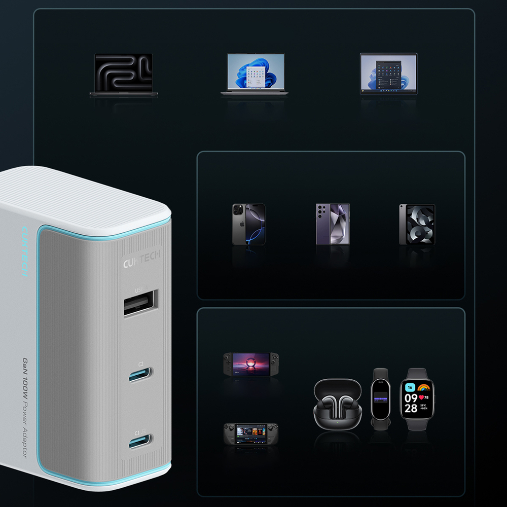 Cuktech AD1003EU 100W GaN 2x USB-C + USB-A fali töltő kábellel - Fehér-1