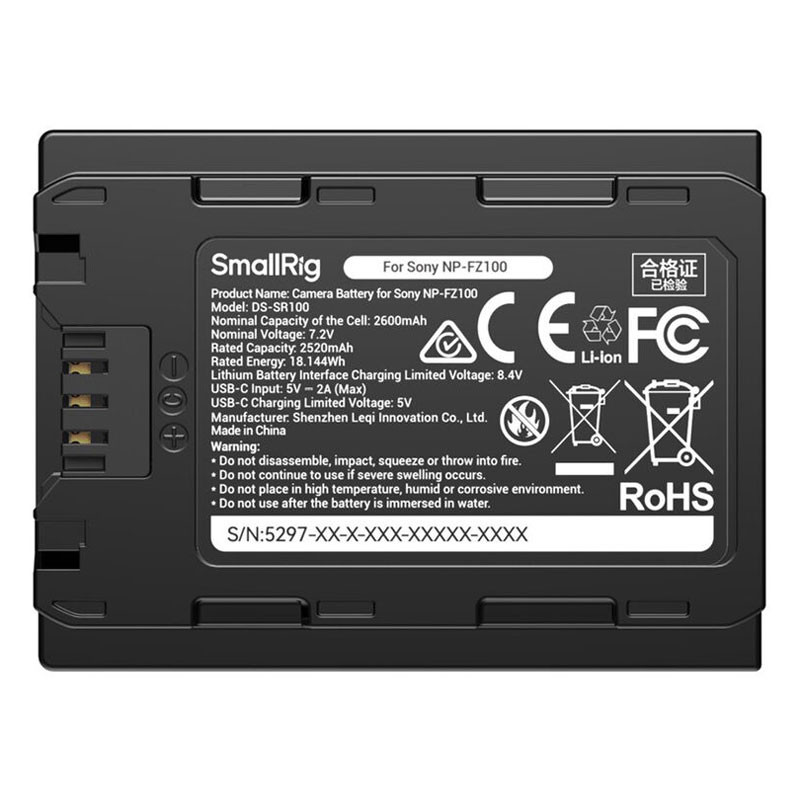 Smallrig 5297 USB-C Camera Battery with Power Display for Sony NP-FZ100-1