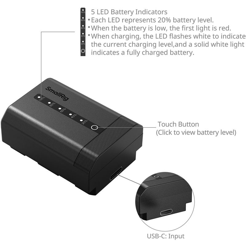Smallrig 5297 USB-C Camera Battery with Power Display for Sony NP-FZ100-4