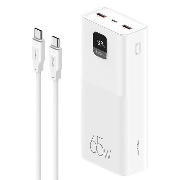 USAMS Powerbank PB68 30000mAh 65WQC3.0+PD Gyors Töltés + USB-C/USB-C kábel 100W fehér-0