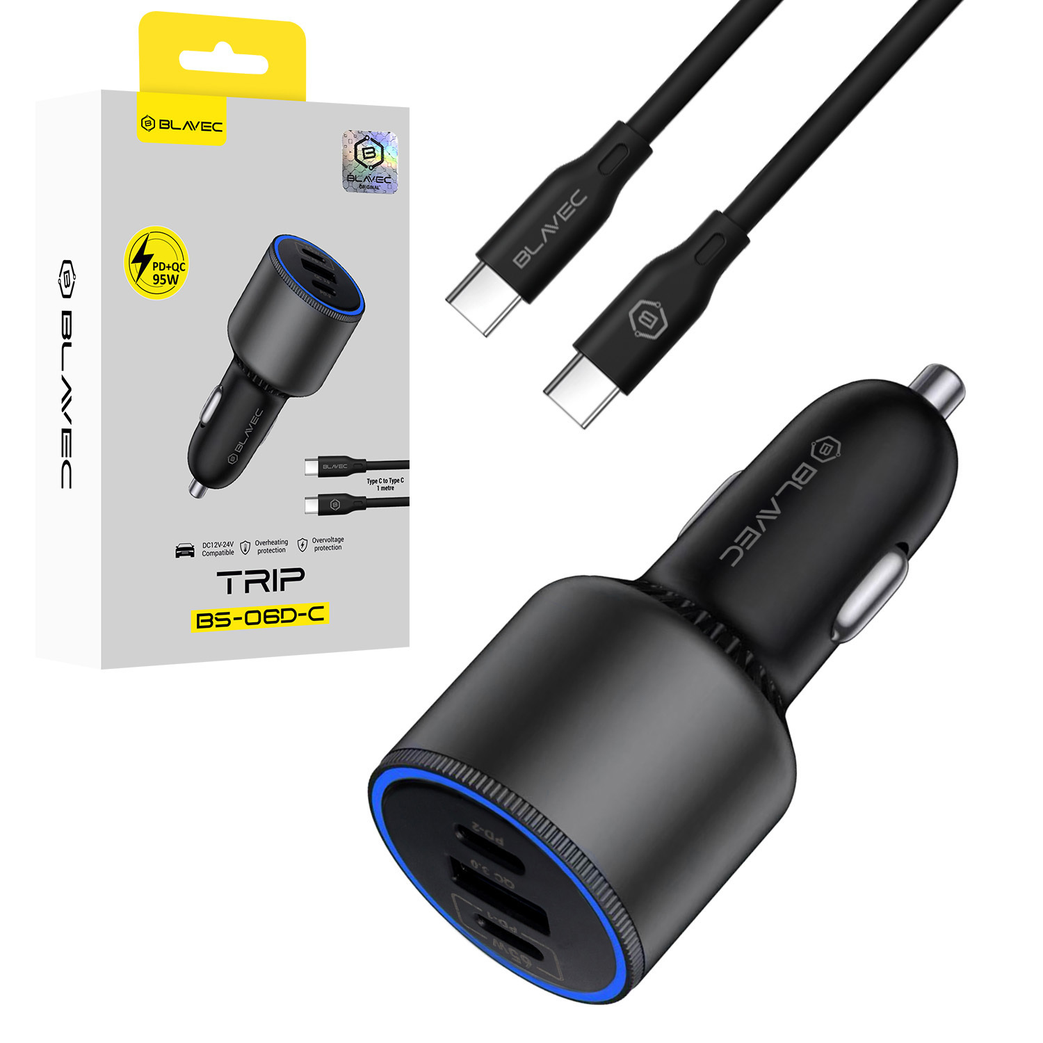 Blavec autós töltő BS-06D-C Trip - USB + 2xType C - QC 3.0 18W PD 65W with Type C to Type C (CCBS06DCQ-U2CB) fekete-0