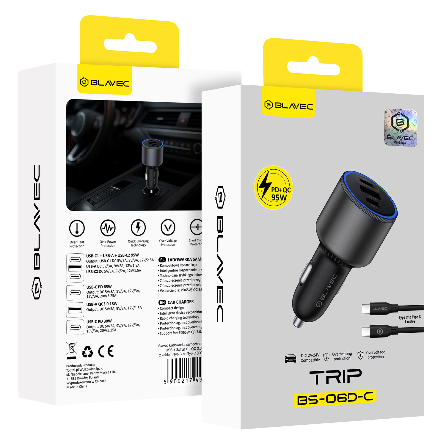 Blavec autós töltő BS-06D-C Trip - USB + 2xType C - QC 3.0 18W PD 65W with Type C to Type C (CCBS06DCQ-U2CB) fekete-5