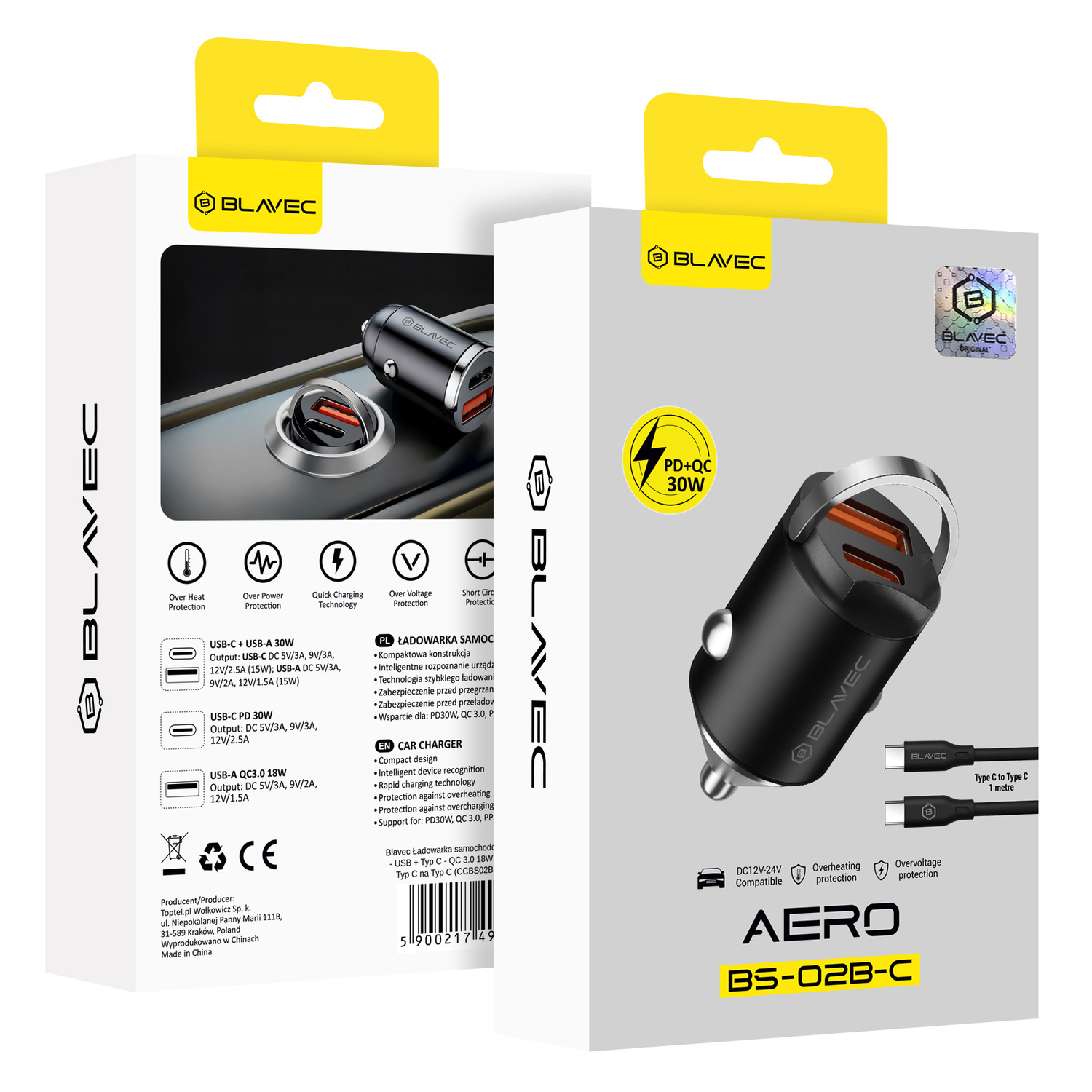 Blavec Autós töltő BS-02B-C Aero - USB + Type C - QC 3.0 18W PD 30W Type C - Type C kábellel (CCBS02BCA-UCB) fekete-4