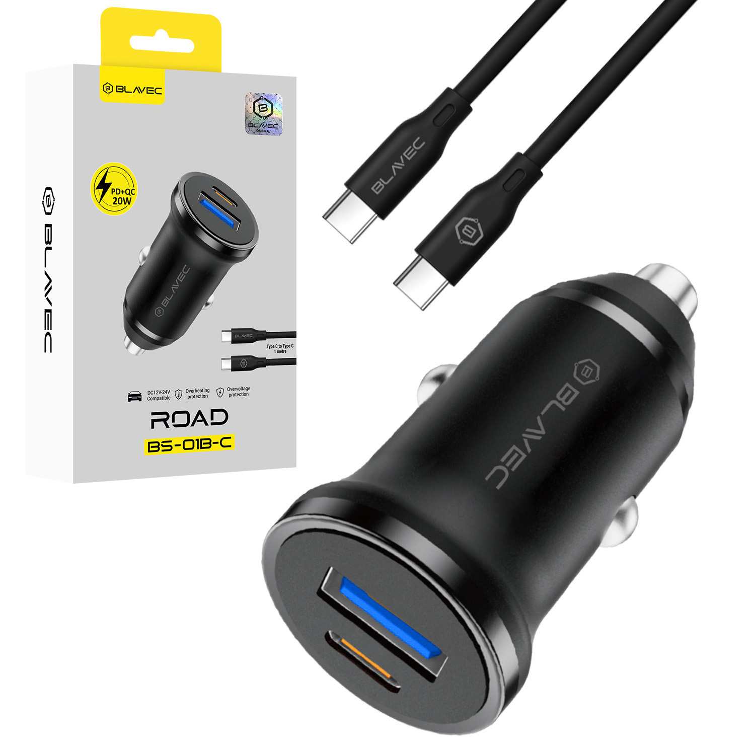 Blavec autós töltő BS-01B-C Road - USB + C típus - QC 3.0 18 W PD 20 W C típus - C típus kábellel (CCBS01BCR-UCB) fekete-0