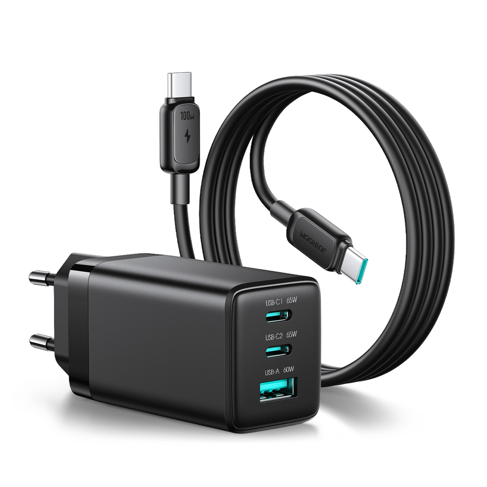 Hálózati töltő Joyroom JR-TG10 65 W GaN 2x USB-C + USB-A kábellel 100 W USB-C - USB-C 1,2 m - fekete-0
