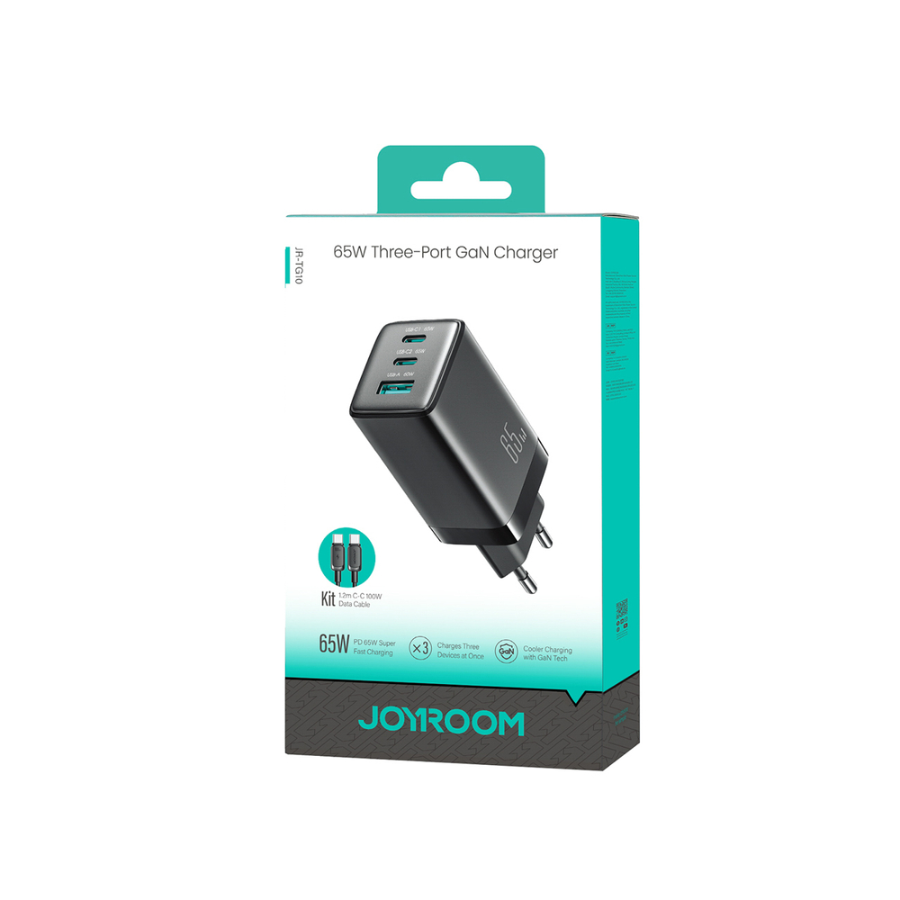 Hálózati töltő Joyroom JR-TG10 65 W GaN 2x USB-C + USB-A kábellel 100 W USB-C - USB-C 1,2 m - fekete-11