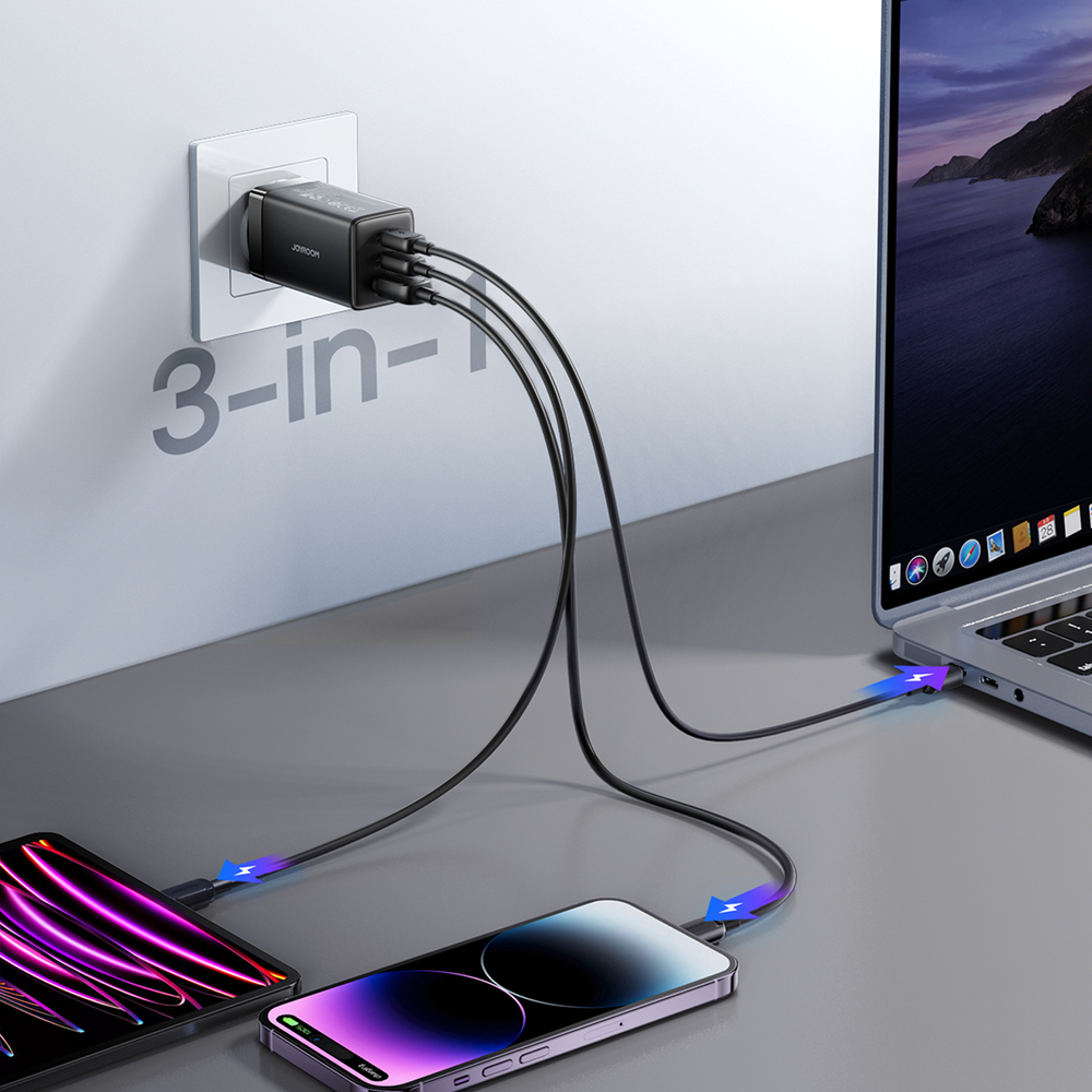 Hálózati töltő Joyroom JR-TG10 65 W GaN 2x USB-C + USB-A kábellel 100 W USB-C - USB-C 1,2 m - fekete-5
