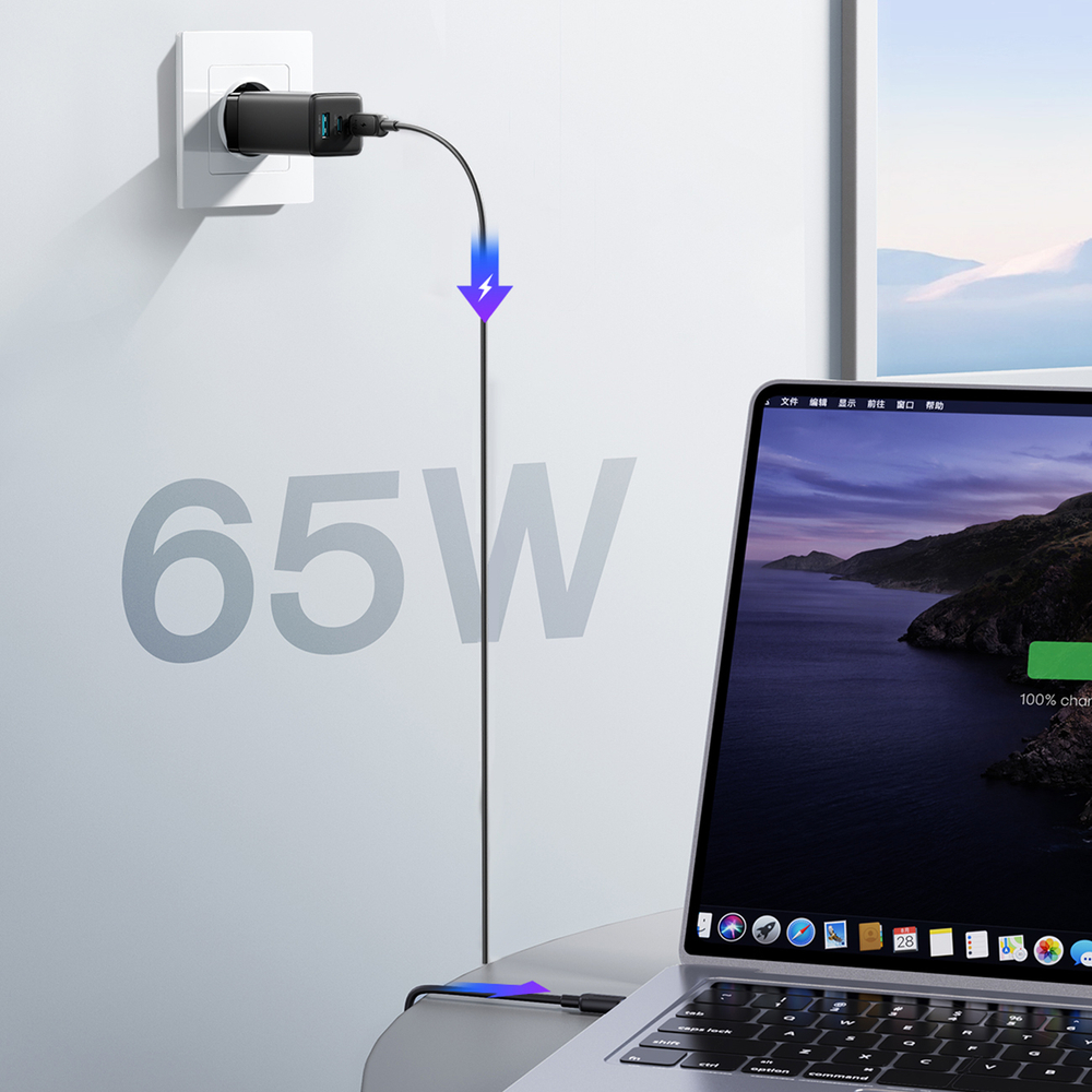 Hálózati töltő Joyroom JR-TG10 65 W GaN 2x USB-C + USB-A kábellel 100 W USB-C - USB-C 1,2 m - fekete-3