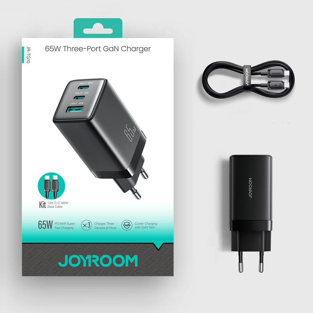 Hálózati töltő Joyroom JR-TG10 65 W GaN 2x USB-C + USB-A kábellel 100 W USB-C - USB-C 1,2 m - fekete-1