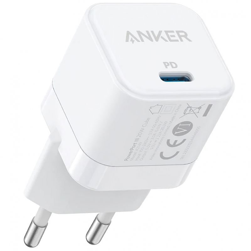 Fali Töltő Anker PowerPort III Cube, 20W, 3A, 1 x USB-C, Fehér A2149G21-0
