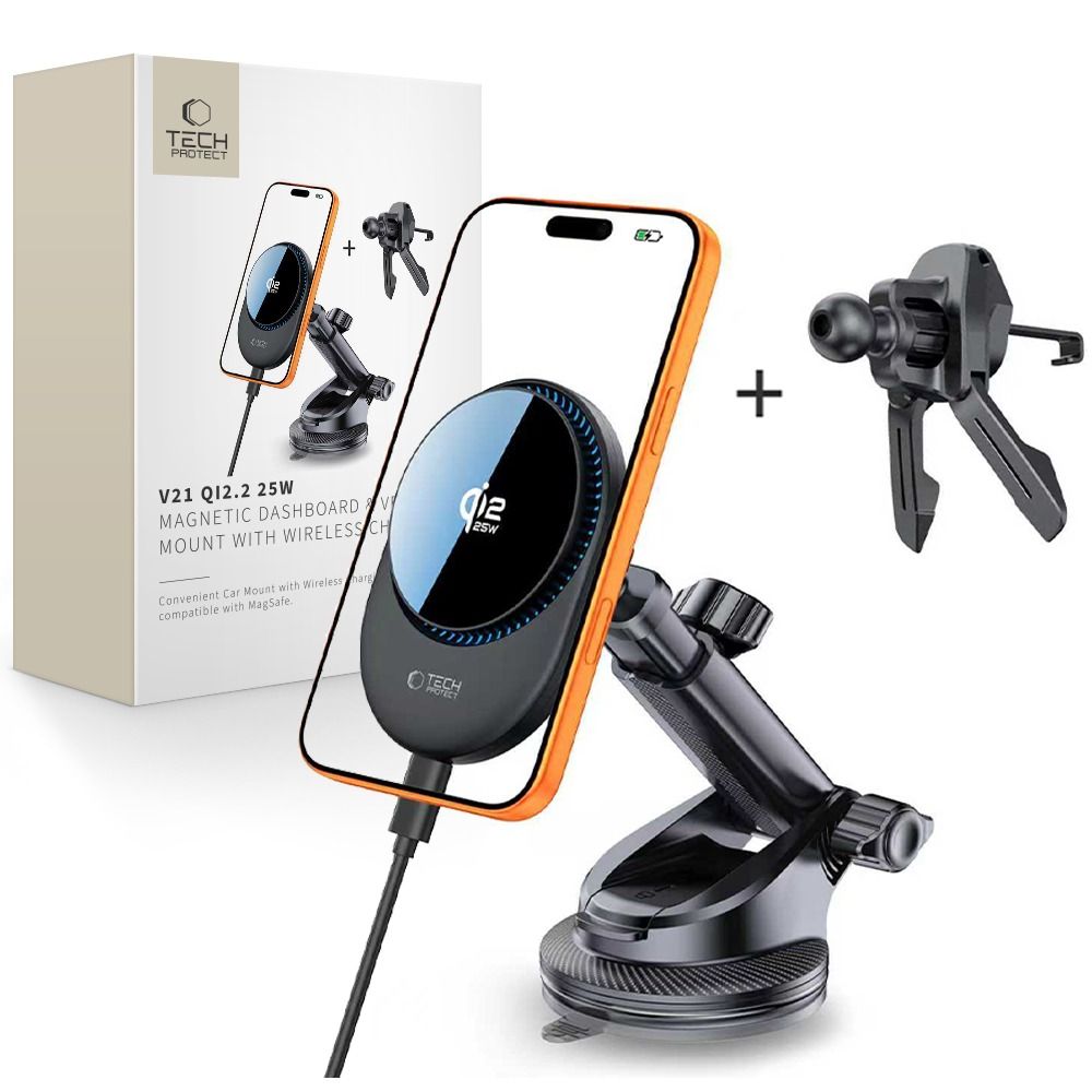 Tech-Protect V21 mágneses MagSafe műszerfalra és szellőzőre rögzíthető autós tartó vezeték nélküli töltővel 25W Qi2.2 fekete-0