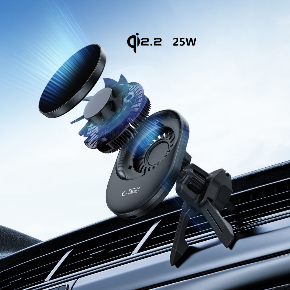 Tech-Protect V21 mágneses MagSafe műszerfalra és szellőzőre rögzíthető autós tartó vezeték nélküli töltővel 25W Qi2.2 fekete-2
