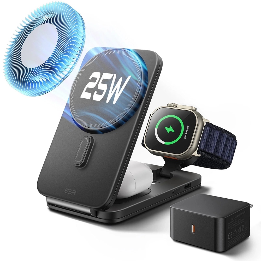 ESR - CryoBoost 3in1 Töltőállomás (2C569A) - Apple Eszközökhöz, 50W Adapterrel, Összehajtható, Gyors Töltés, Qi2, 35W - Fekete-0