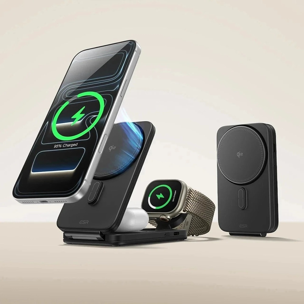 ESR - CryoBoost 3in1 Töltőállomás (2C569A) - Apple Eszközökhöz, 50W Adapterrel, Összehajtható, Gyors Töltés, Qi2, 35W - Fekete-1