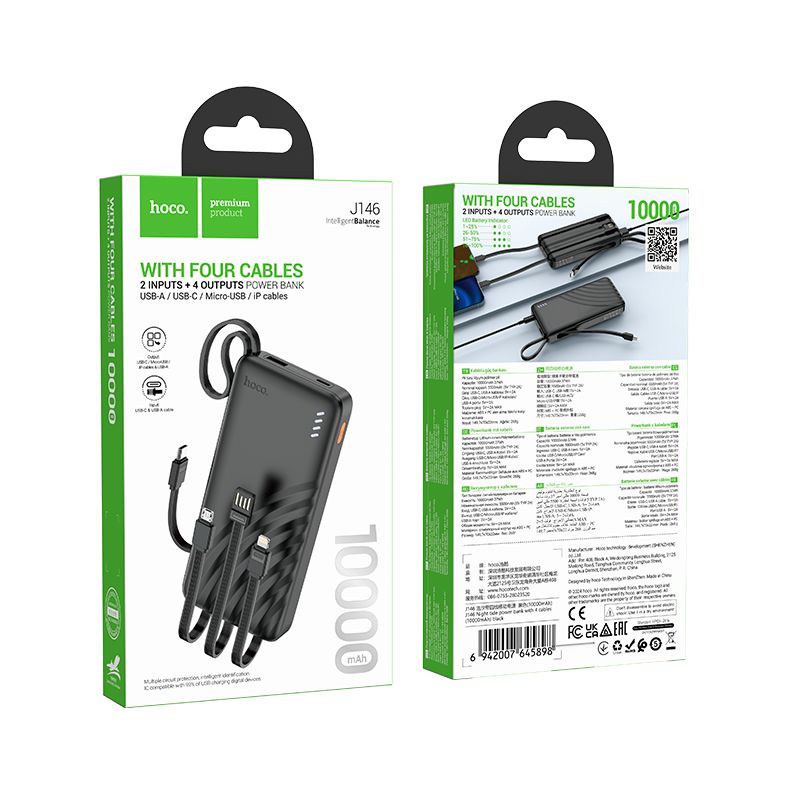 Hoco J146 Powerbank 10000 mAh 2A négy beépített kábellel USB-A + USB-C + Lightning + Micro USB fekete-6