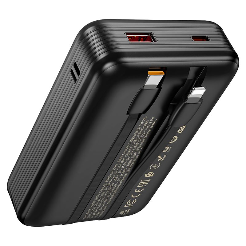 Hoco Q37A 20000 mAh QC PD 22,5W beépített USB-C + Lightning kábelekkel powerbank fekete-5