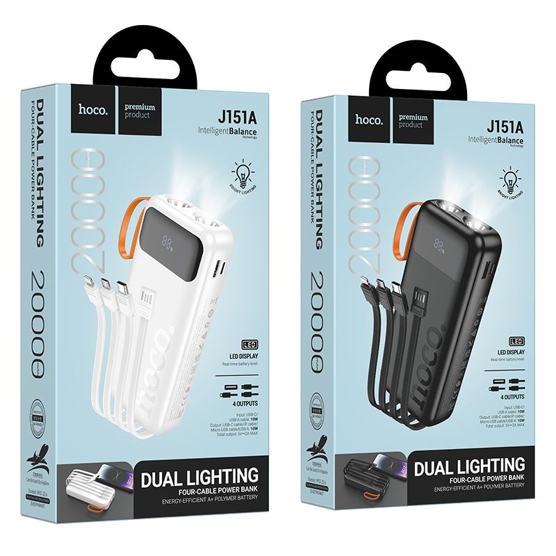Hoco J151A 20000 mAh 2A powerbank beépített USB-A + USB-C + Lightning + Micro USB kábelekkel és dupla lámpával, fekete-7