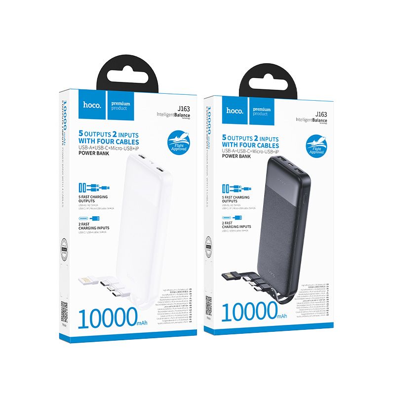 Hoco J163 10000 mAh 2A powerbank négy beépített kábellel USB-A + USB-C + Lightning + Micro USB fehér-5