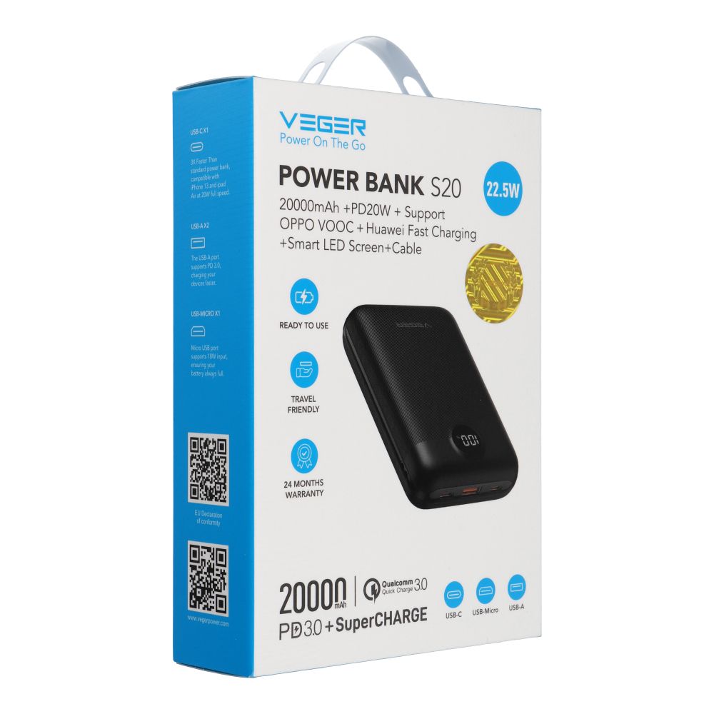 Veger S20 (W2081) PD QC3.0 2A 22,5W 20000 mAh fekete-7