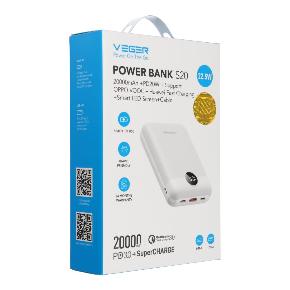 Veger S20 (W2081) PD QC3.0 2A 22,5W 20000 mAh fehér Powerbank-6