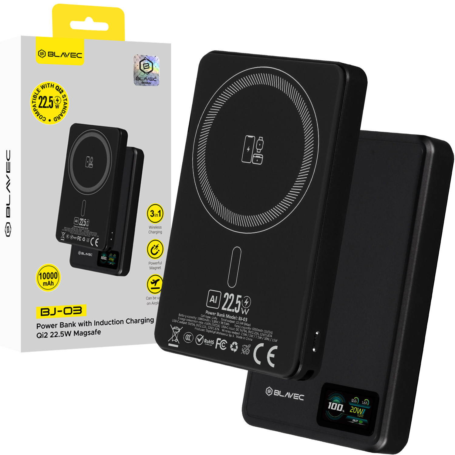 Blavec Power Bank 10000mAh BJ-03 Slim 13,5mm - Type C - 22,5W mágneses Magsafe 3 az 1-ben (PBBJ03-MC10B) fekete alumínium-0
