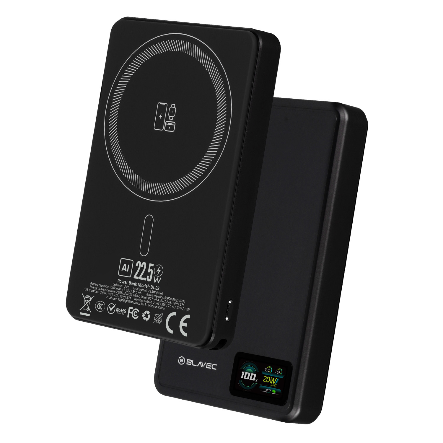 Blavec Power Bank 10000mAh BJ-03 Slim 13,5mm - Type C - 22,5W mágneses Magsafe 3 az 1-ben (PBBJ03-MC10B) fekete alumínium-1